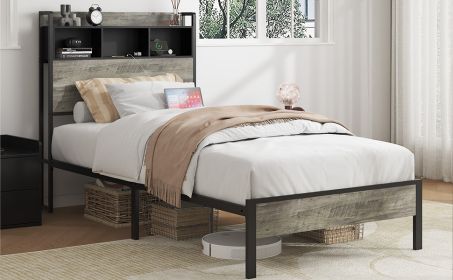 Bed frame single bed type, with storage space at the head of the bed and a charging station in the middle