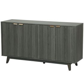 Fluted Sideboard Buffet Cabinet, 55" Coffee Bar Cabinet with 4 Doors, 2 Adjustable Shelves, 5 Wood Legs, Distressed Gray