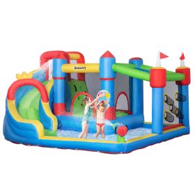 6-in-1 Inflatable Bounce House, Kids Outdoor Play Castle with Slide Trampoline Water Gun Throwing Wall Blue and Yellow