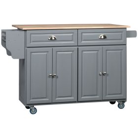 Utility Kitchen Cart, Dark Gray, on Wheels with Drop-Leaf, Rubber Wood Top, Storage Cabinets