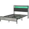 Full Bed Frame with Storage Upholstered Headboard, Full Size Bed Frame with LED Lights, Charging Station, Cement Gray