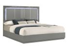 Elara Queen Bed – Two-Tone High-Gloss Marble & Lacquer Finish with LED Lighting, Metal-Finished Legs- Gray (CA Inventory)