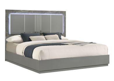 Elara Queen Bed – Two-Tone High-Gloss Marble & Lacquer Finish with LED Lighting, Metal-Finished Legs- Gray (CA Inventory)