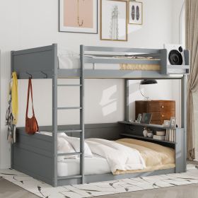 Queen Size Wooden Bunk Bed with Built-in Shelves,Storage Box,LED Light and USB Charging Station,Grey(ETA:6/30)