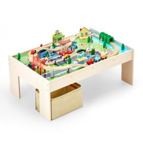 Train Table, 84 Multicolor Pieces Wooden Kids Activity Table with Collapsible Storage Bin, 3-in-1 Wooden Train Set for Gaming, Drawing, Reading