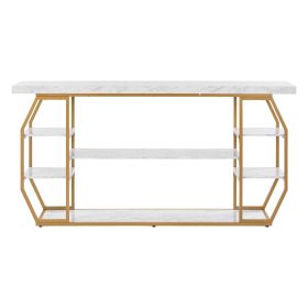 Marble Console Table, 3 Tiers Modern Console Table for Open Storage, Golden Geometric Table with Iron Tubes