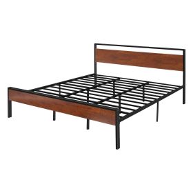 King Size Bed Frame, 14 Inch Black Metal Platform Bed Frame with Retro Brown Wooden Headboard and Footboard, Large Under-Bed Storage