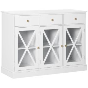 Farmhouse Style Buffet Sideboard White Coffee Bar Cabinet with Bronze Handles Glass Barn Door Magnetic Closure 3 Drawers