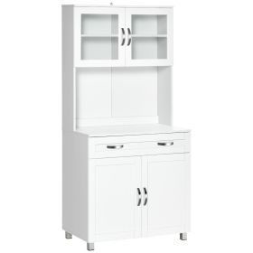 Tall Kitchen Pantry Cabinet Storage, Modern Kitchen Pantry Cabinet with Framed Glass Doors, Shelves and Drawers, White