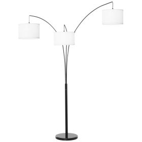 Contemporary Trilage Arc Floor Lamp with 3 Hanging Drum Shape Lampshade Steel Pole and Marble Round Base for Living Room Bedroom Black/White
