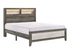 1pc King Size Platform Storage Bed Low-profile Plank-style Headboard Built-in Lighting Modern Farmhouse Style Gray Beige