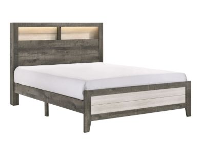 1pc King Size Platform Storage Bed Low-profile Plank-style Headboard Built-in Lighting Modern Farmhouse Style Gray Beige