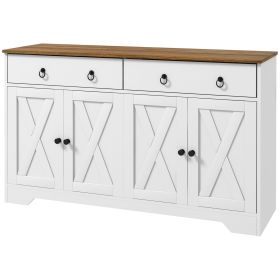 Sideboard Buffet with 2 Drawers, 4 Barn Doors and 2 Adjustable Shelves, Kitchen Buffet Cabinet for Living Room, White