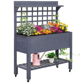 Raised Garden Bed with Wheels Trellis Storage Shelf Wooden Planter Box Gray