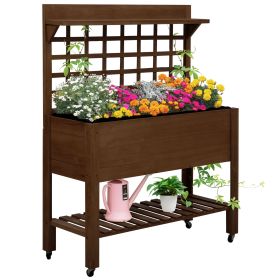 Raised Garden Bed with Wheels Trellis Storage Shelf Wooden Planter Box Dark Brown