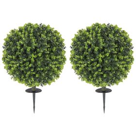 2 Pack 1.3ft Artificial Ball Boxwood Topiary with Ground Stake, UV Resistant Faux Greenery for Indoor Outdoor