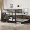 Queen over Queen Size Bunk Bed Frame with Built-in Wardrobe, Metal Bunk Bed with Desk and Storage Chairs, Black