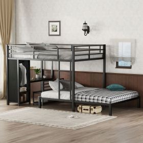 Queen over Queen Size Bunk Bed Frame with Built-in Wardrobe, Metal Bunk Bed with Desk and Storage Chairs, Black