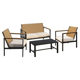 4 Pieces Metal Patio Furniture Set, Hand-Made Drawstring Outdoor Patio Conversation Sets Outside loveseat with Soft Cushion for Garden, Backyard