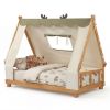 Twin Size Montessori House Floor Bed with Removable Canopy Tent, Solid Wood Kids Bed with Guardrails - Natural