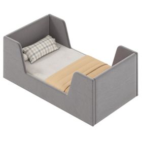 Gray Upholstered Toddler Bed Velvet Wooden Slat Frame for Kids No Mattress