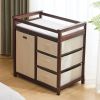 Brown painted pine wood frame children's bed with removable top, 87*53*87.5cm, includes 3 fabric drawers and 1 fabric bag, and a changing table