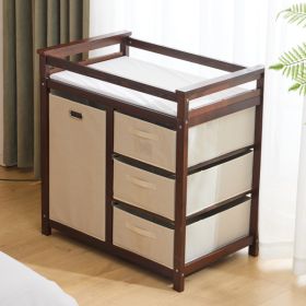 Brown painted pine wood frame children's bed with removable top, 87*53*87.5cm, includes 3 fabric drawers and 1 fabric bag, and a changing table