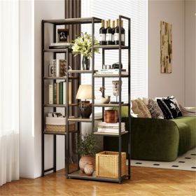 Freestanding Geometric Walnut Bookshelf 12 Staggered Shelves Metal Frame with Anti-Tip Kit
