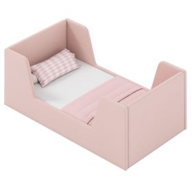 Pink Upholstered Toddler Bed Velvet Wooden Slat Frame for Kids No Mattress