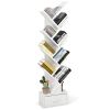 White Tree-Shaped Bookshelf, 10 Open Shelves & Foldable Fabric Drawer, Space-Saving Corner Design