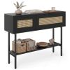 Black Rattan Console Table with Storage Cabinets & Open Shelf, 40 Inch Entryway Table with Sturdy Carbon Steel Frame for Living Room, Hallway