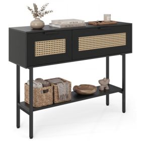 Black Rattan Console Table with Storage Cabinets & Open Shelf, 40 Inch Entryway Table with Sturdy Carbon Steel Frame for Living Room, Hallway