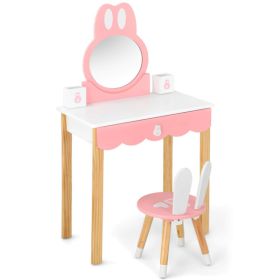 Kids Rabbit Vanity Table Set with Removable Shatter-Proof Mirror, Pink & White Makeup Desk with Drawer and Chair for Girls