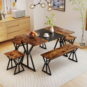 5-Piece Dining Room Set Industrial Rectangular Kitchen Table with 2 Benches and 2 Stools