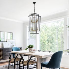 18" Modern 8-Light Black Gold Geometric Pendant Chandelier, Industrial Metal Frame, Adjustable Hanging Light for Living Room, Dining Room