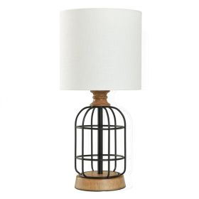 Black Metal Cage Table Lamp with Wood Accents and Drum Shade, 17"