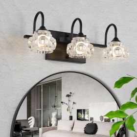 17" Retro 3-Light Bathroom Vanity Light Fixture - Black Finish with Crystal Glass Shades, Wall Mounted Lighting for Bathroom, Powder Room
