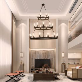 (Same as:W1340119961/W1340P206660/L001005-D1140-P27B)45" Retro Industrial Style 3-Layer Pendant Light, 27-Lights Black Farmhouse Pendant