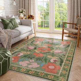 Washable Green Floral Area Rug 5x7, Colorful Cottagecore Nursery Rug