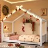 Twin House Floor Bed with Support Slats, Solid Wood House Bed Frame for Kids, No Box Spring Needed and Opening Constructure, White