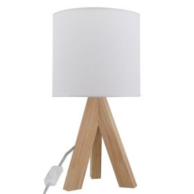 Tripod Oak Table Lamp with Classic White Fabric Shade, 16.75"H, One Size