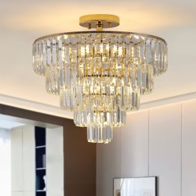 Gold Crystal Chandeliers,5-Tier Round Semi Flush Mount Chandelier Light Fixture
