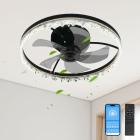 Smart Flush Mount Ceiling Fan with Light – 20-inch Integrated LED Chandelier with 5 Invisible Blades, Remote Control & Timer, Dimmable Lighting