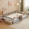 Gray painted pine wood playpen bed with door and board, full-size children's wooden bed