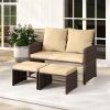 Outdoor Patio Furniture Set, PE Rattan Loveseat + 2 Ottomans Removable Cushions Metal Frame