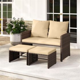 Outdoor Patio Furniture Set, PE Rattan Loveseat + 2 Ottomans Removable Cushions Metal Frame