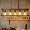 32" Walnut Industrial Farmhouse Rectangle Pendant Light, 5-Light Chandelier for Dining Room, Kitchen Island