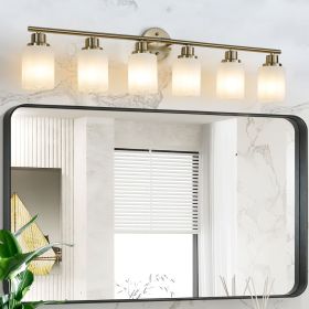 39" Modern 6-Light Vanity Wall Sconce, Golden Finish with Frosted Glass Shades for Bathroom or Hallway Lighting (No Bulbs)