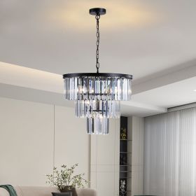 (Same as W1340102277/L5007) 20" Luxury 3-Tier Crystal Chandelier, 7-Light Black Frame Pendant Light, Elegant Ceiling Lighting for Living Room