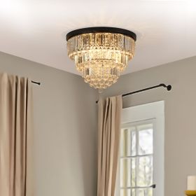 20" Luxury Crystal Flush Mount Ceiling Light with Black Finish – Elegant 6-Light Chandelier for Living Room, Dining Room